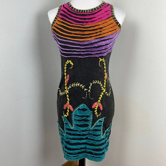 KPC Boho Multicolored Razor Cut Handcrafted Embroidered Dress Small - Picture 1 of 8